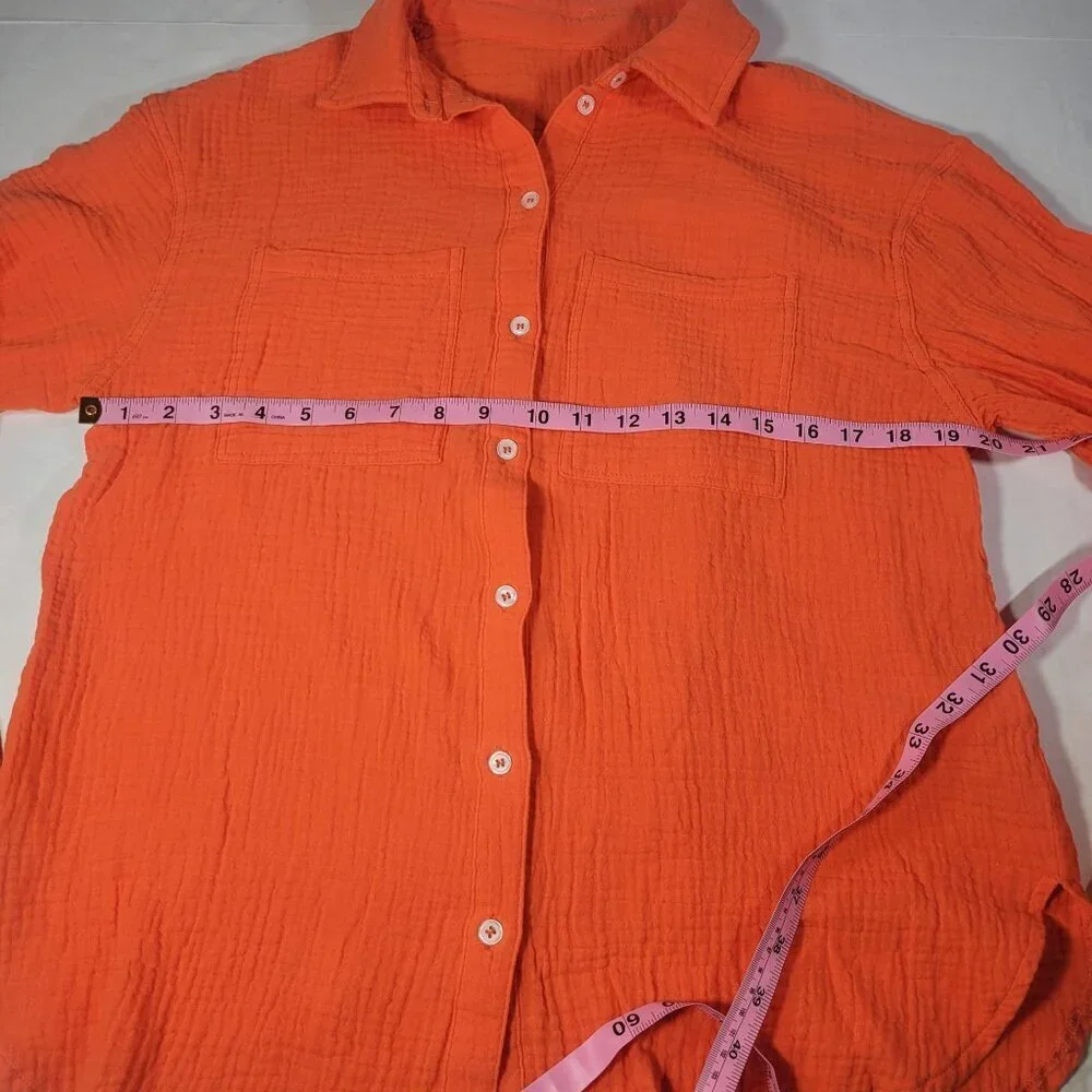 Women Orange Button-Up Shirt 100% Cotton Long Sleeve Collared Size M